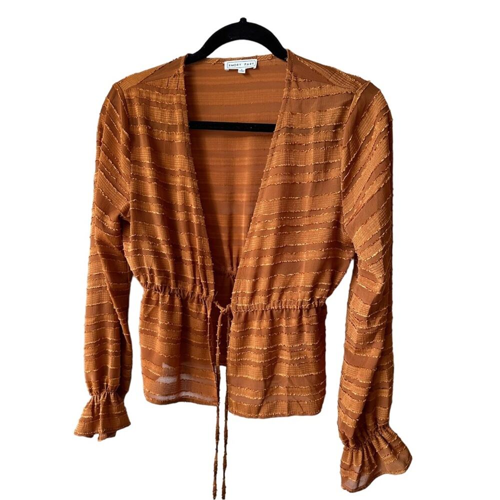 emory park orange front tie long sleeve shirt women size small